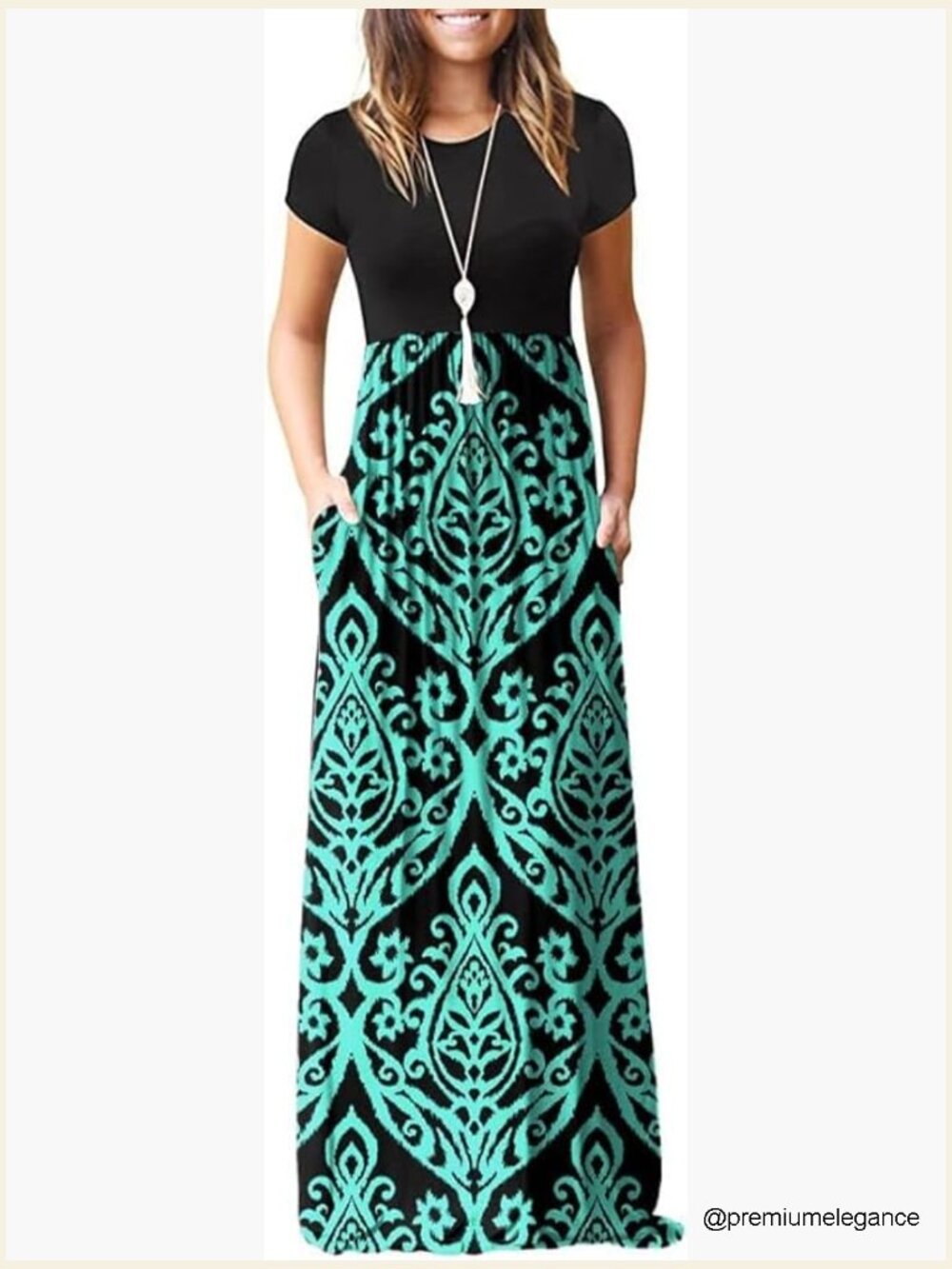 Short Sleeve Maxi Dress with Pockets, Rayon Spandex, Casual Vacation Wear